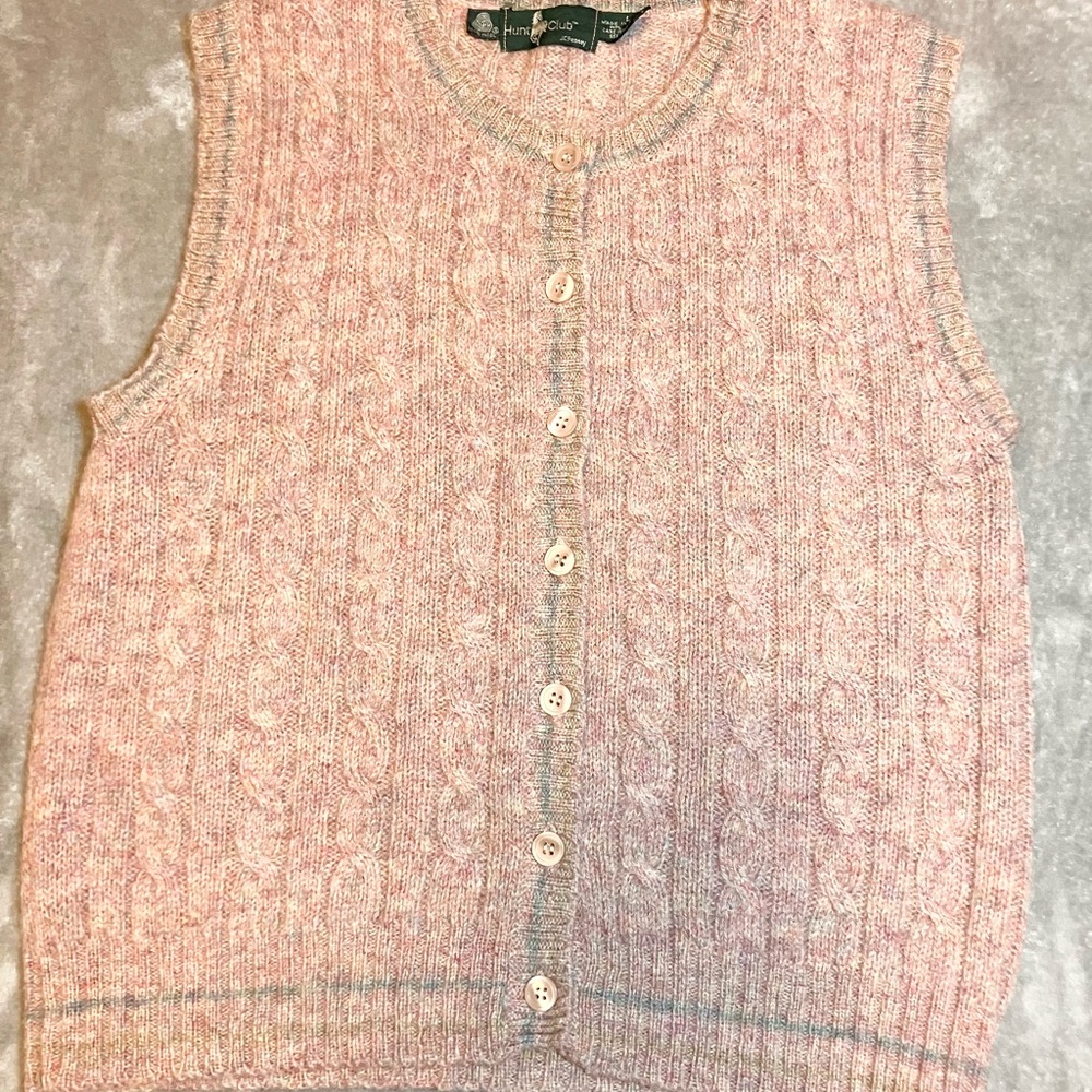 Vintage Hunt Club Sweater Vest Womens L‎ Wool Cable Knit 90s Pink Preppy Classic